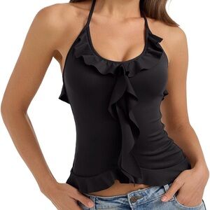 Women’s Halter Neck Ruffle Top Sleeveless Slim Fit Tank Top